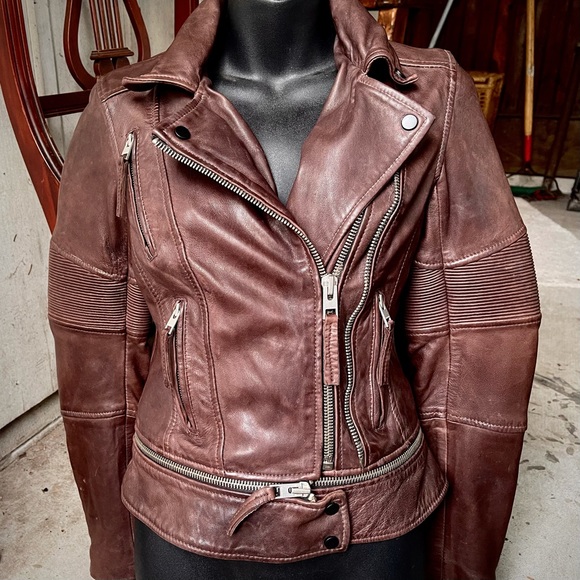 All Saints Leather Jacket Moto Biker Brown xs - Picture 2 of 15